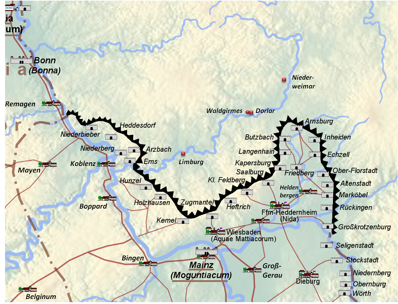 Die Lahn-Kastelle in Limburg, Dorlar, Nieder-Weimar und das römische Forum in Waldgirmes.