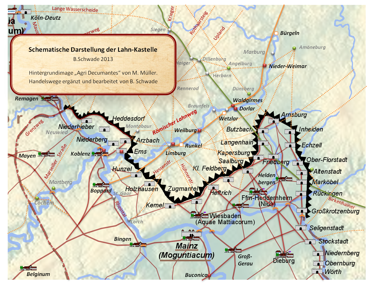Der römische Lahnweg verband die Lahn-Kastelle in Boppard, Hunzel, Limburg, Weilburg, Dorlar und Nieder-Weimar und
		wurde in der Höhe des römischen Forums Waldgirmes von einem wichtigen vorrömischen Fernweg, der die Donau mit dem Rhein verband, gekreuzt.