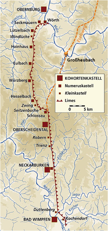 Hinterer Odenwaldlimes von Bad Wimpfen über Neckarburken und Oberscheidental nach Wörth am Main und
		Eseslpfad von Großheubach über den Spessart.