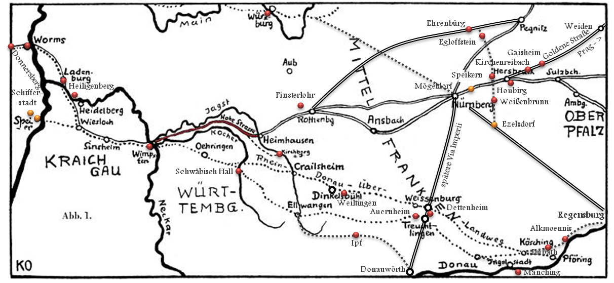 Der Völkerweg von Speyer über Bad Wimpfen, Rothenburg o.d. Tauber, Nürnberg nach Prag.