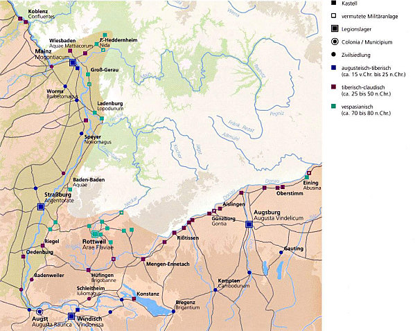 Ausbau der Infrastruktur in der Agri Decumantes: Rmerstrae sdlich
		der Donau von Hfingen nach Regensburg, die Rmerstrae Neckar-Alb und die rmische Kinzigtalstrae.