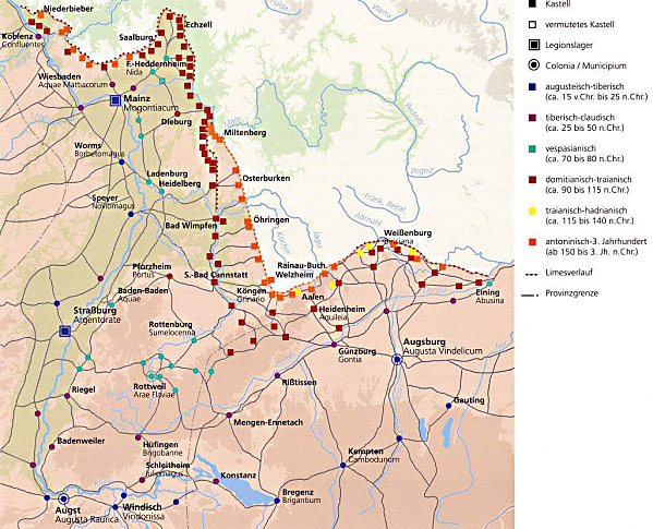 Die neu erorberten Gebiete wurden durch den Obergermanischen Limes, 
		den hinteren und vorderen Odenwaldlimes und den rtischen Limes geschtzt.