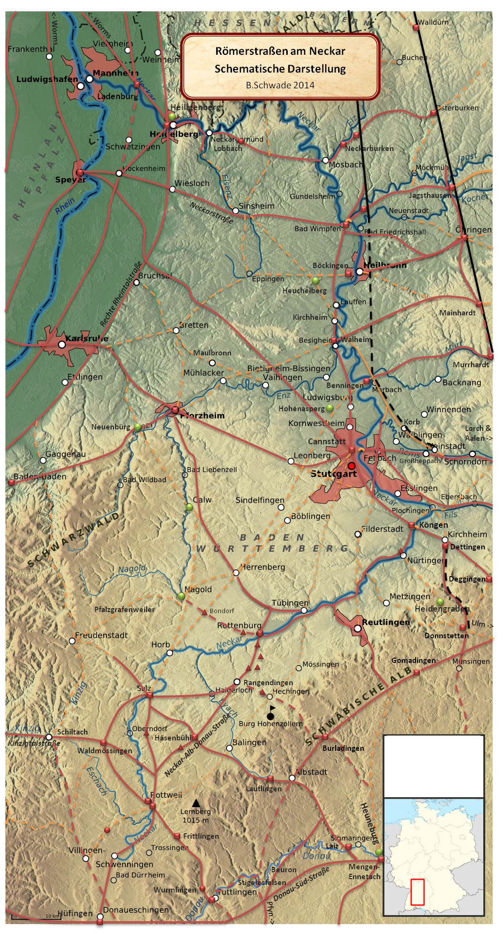 Rmerstraen am Neckar von Bernhard Schwade: Neben den keltischen Oppida und Frstensitzen Heuneburg, Heidengraben, Hohenasperg,
		 Neuenbrg, Heuchelberg und Heiligenberg bei Heidelberg, sind die rmischen Kastelle in Hfingen, Rottweil, Rottenburg, Cannstadt, Wimpfen, Ladenburg 
		 und der Odenwaldlimes abgebildet.