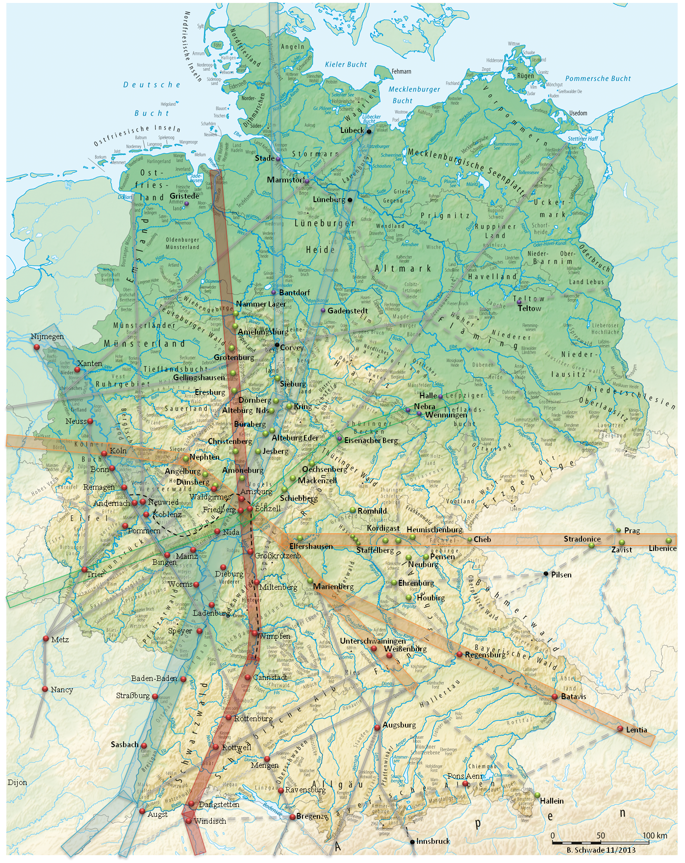 Handelsrouten ber Friedberg zur Zeit der Rmer mit wichtigen Routen zu anderen rmischen Kastellen und Niederlassungen
		u.a. Regensburg, Passau, Linz, Wimpfen, Cannstadt, Rottenburg, Rottweil, Mainz, Worms und Speyer (Karte von Bernhard Schwade).