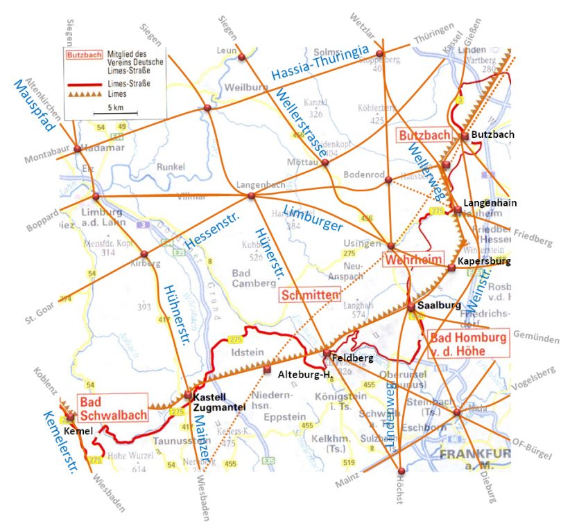 Altstraen nrdlich des Taunus-Limes: 
		Hhnerstrae, Mauspfad, Hessenstrae, Wellerweg, Weinstrae, Lindenweg, Kemeler Strae, 
		Mainzer Strae, Hnerstrae, Limburger Strae, Hassia-Thuringia.