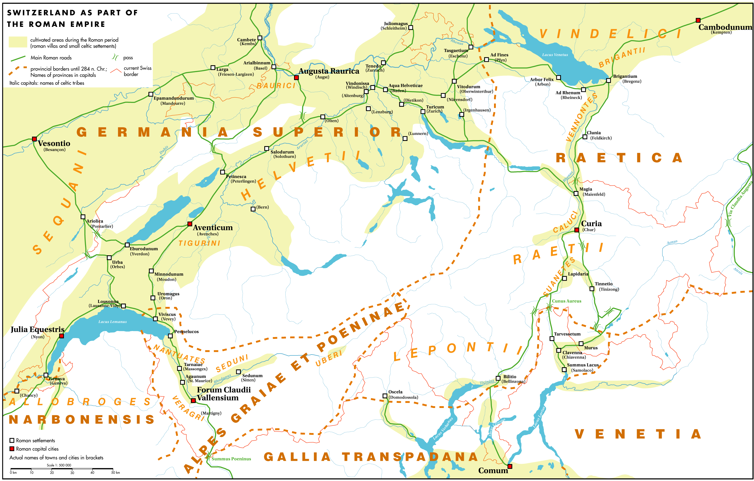 Rmerstraen in der Schweiz: Vom Alpenpass Groer St. Bernhard fhrte die 
		Route ber Matigny, Avenches, Windisch und Dangstetten nach Rottenburg a. Neckar und Rottweil.