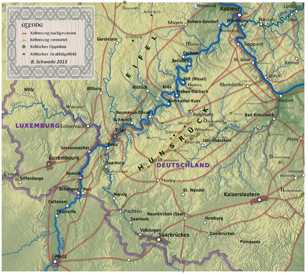 Keltenwege an der Mosel und im Raum Eifel und Hunsrck (Karte von Bernhard Schwade).