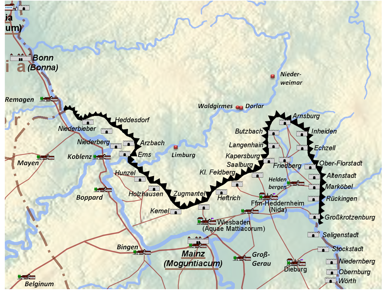 Die Lahn-Kastelle in Limburg, Dorlar, Nieder-Weimar und das rmische Forum in Waldgirmes.