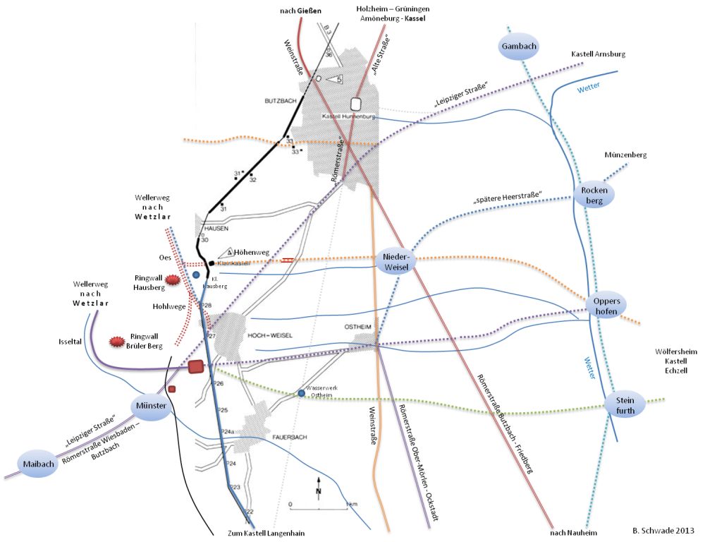 Der Limes zwischen dem Kastell Langenhain und Butzbach und die Rmerstrae Wiesbaden-Butzbach, die Rmerstrae Ober-Mrlen - Ockstadt, 
		die Rmerstrae Butzbach - Friedberg, der Wellerweg nach Wetzlar, die Weinstrae und die Leipziger Strae (Karte von Bernhard Schwade).