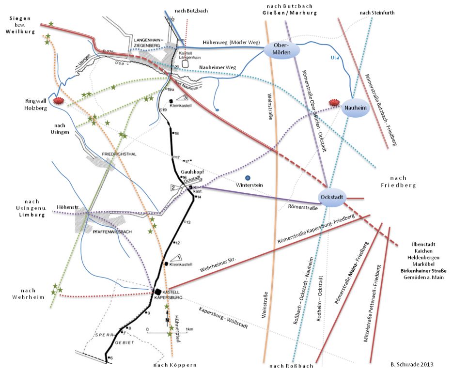 Der Limes zwischen dem Kastell Kapersburg und dem Kastell in Langenhain und 
		die Rmerstrae Kapersburg - Friedberg, die Rmerstrae Ockstadt - Gaulskopf, die Rmerstrae Mainz - Friedberg, die Strae Petterweil - Friedberg, die Weinstrae,
		die Rmerstrae Butzbach - Friedberg und die Rmerstrae Ober-Mrlen - Ockstadt (Karte von Bernhard Schwade).