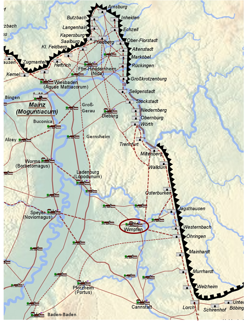 Landkarte mit Limes und Rmerwegen rund um Bad Wimpfen