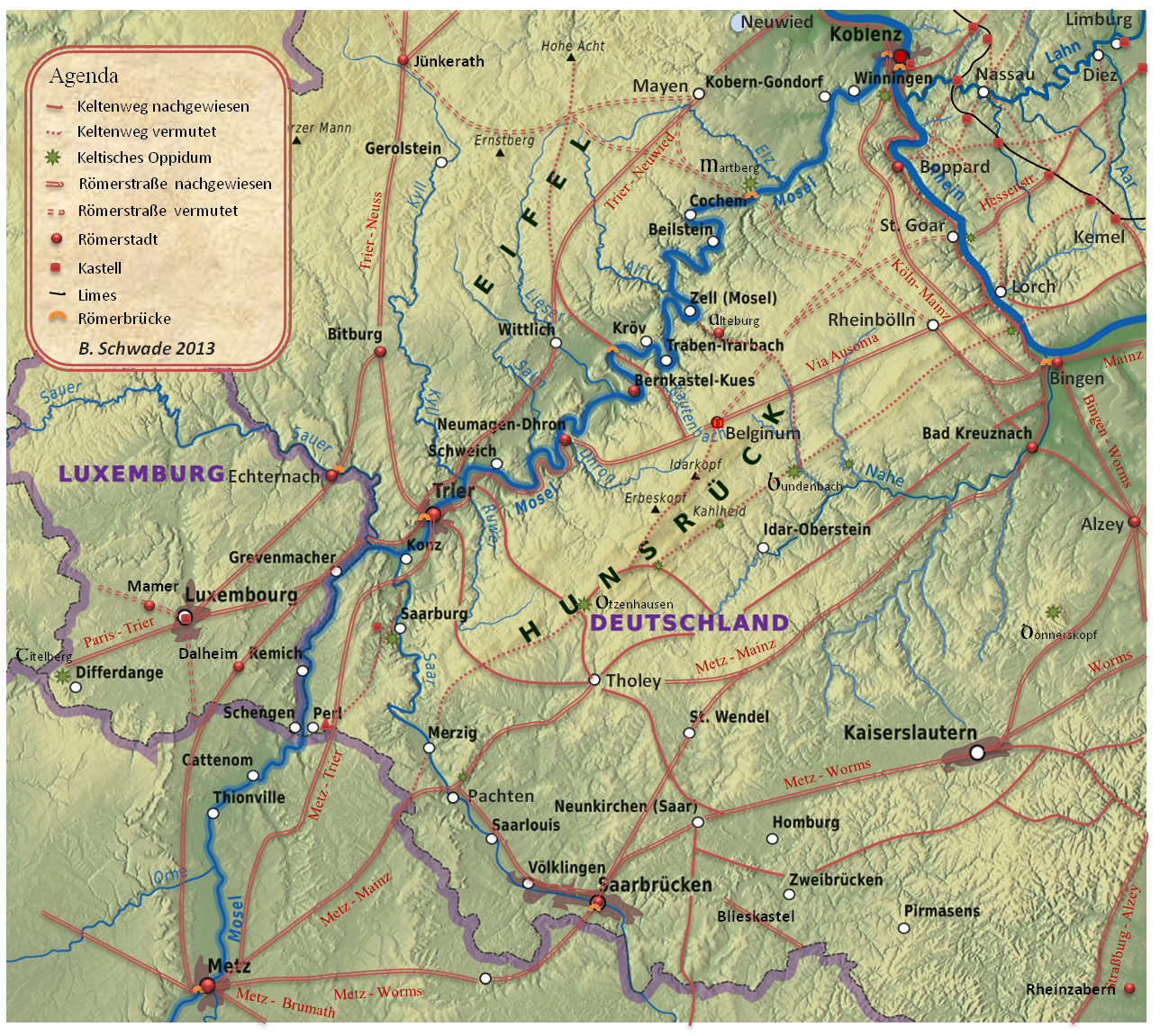 Rmerstraen an der Mosel inkl. Rmerbrcken / Rmische Straen rund um die Rmerstdte Trier und Metz (Karte von Bernhard Schwade).