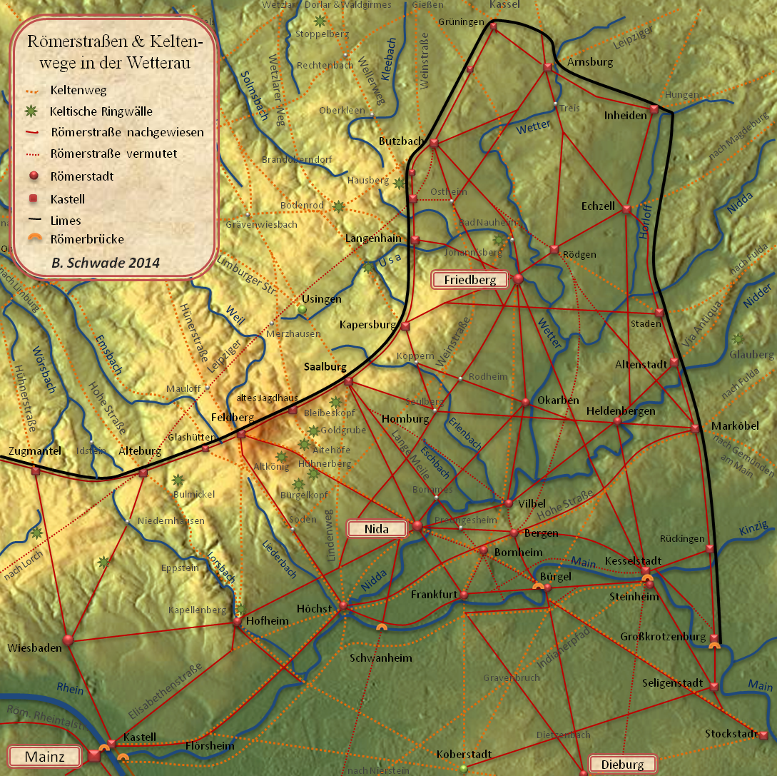 Rmerstraen und Keltenwege in der Wetterau - Rmerbrcke in Brgel (Karte von Bernhard Schwade).
